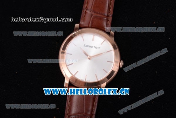 Audemars Piguet Jules Audemars Clone AP Calibre 3120 Automatic Rose Gold Case with Stick Markers Silver Dial and Brown Leather Strap - Click Image to Close